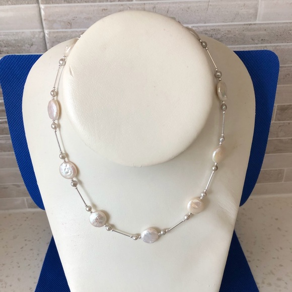 STERLING+ 100% WHITE FRESH WATER PEARL NECKLACE - Picture 1 of 7
